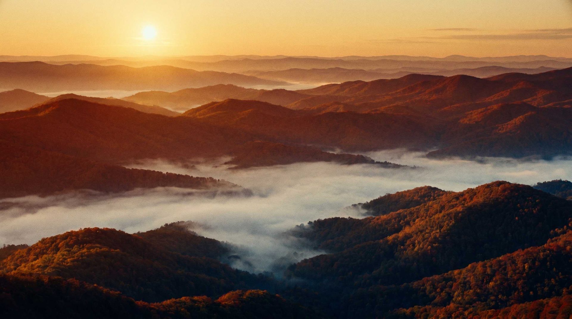 Grey Mountain at sunset, ridge after ridge of autumn Appalachian forest disappearing into mist